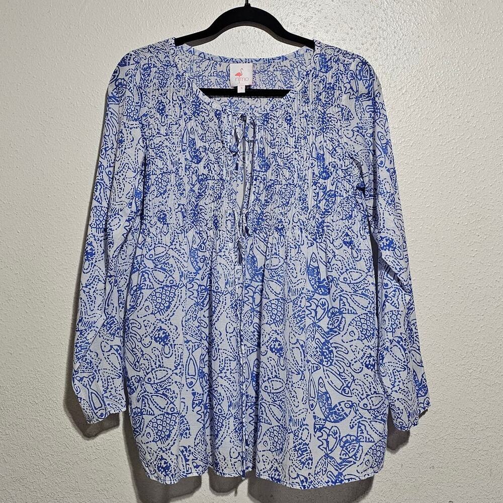 Nimo blue white print cotton silk shirt blouse women small fish print nautical
